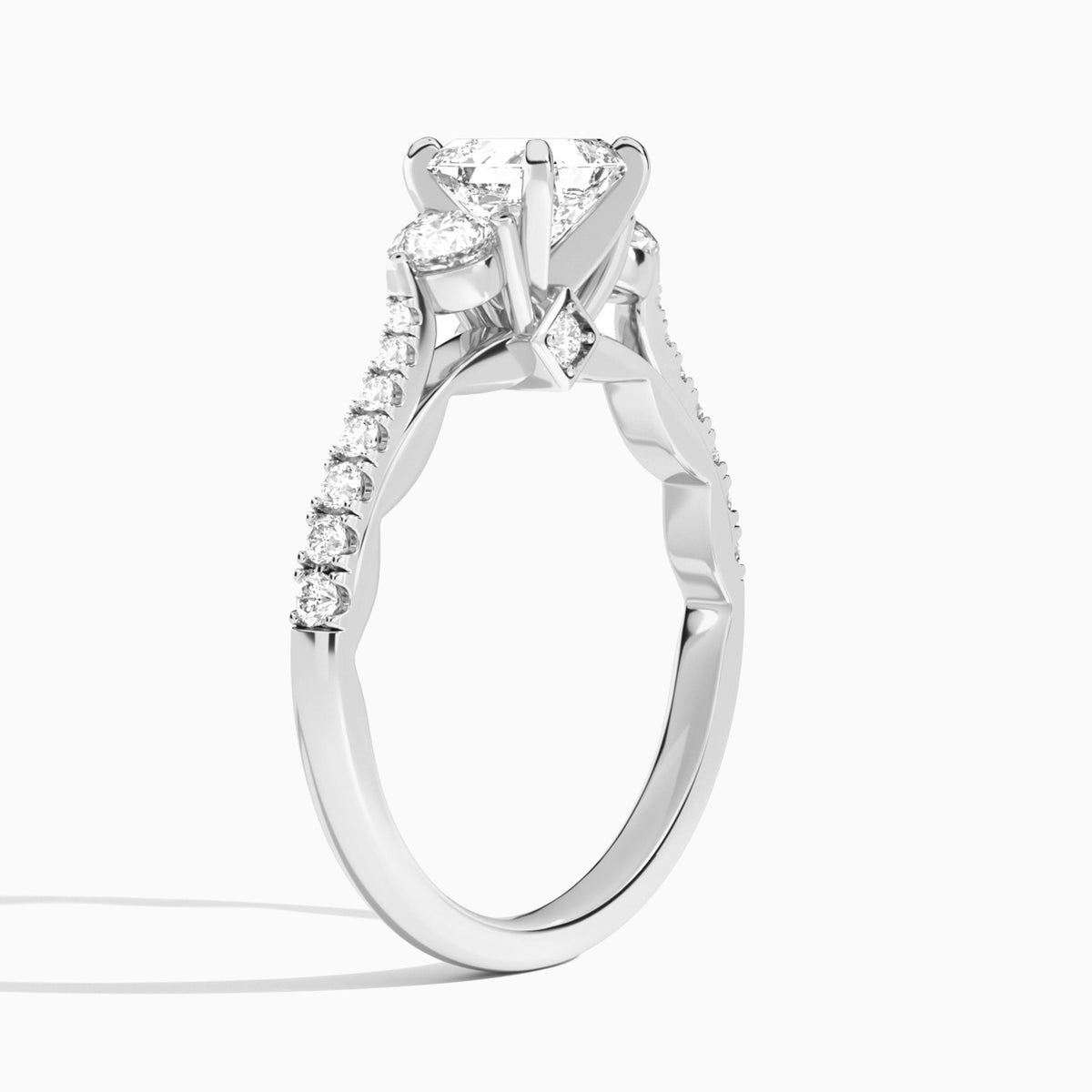 Asscher Tressa Three Stone Lab Diamond Engagement Ring In 14K White Gold, Angle View