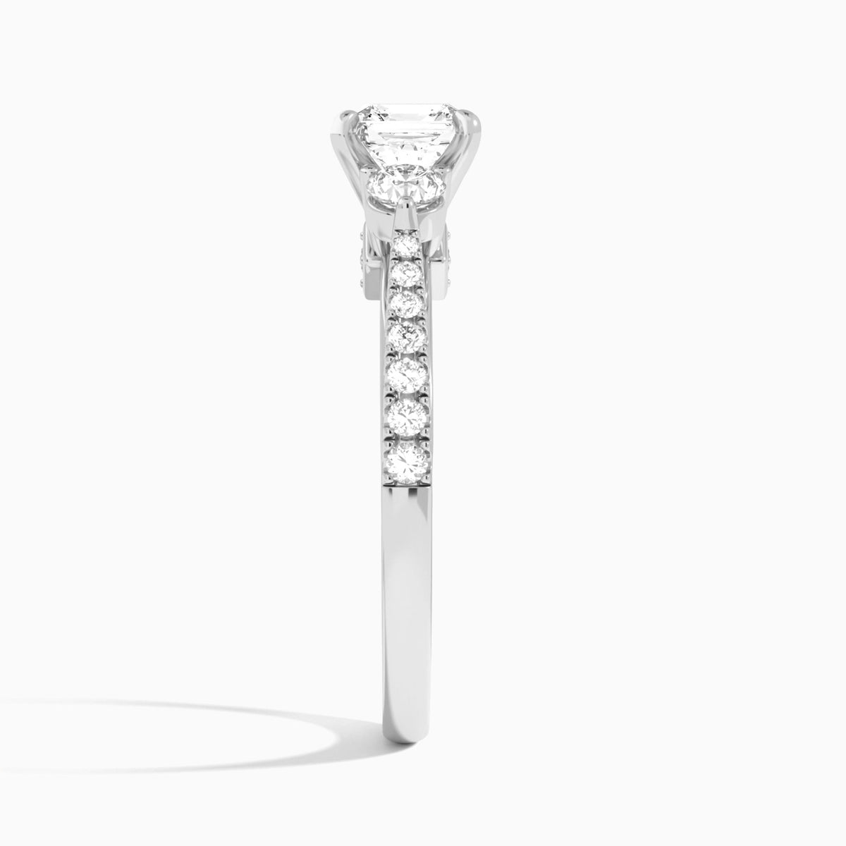 Asscher Tressa Three Stone Lab Diamond Engagement Ring In 14K White Gold, Side View