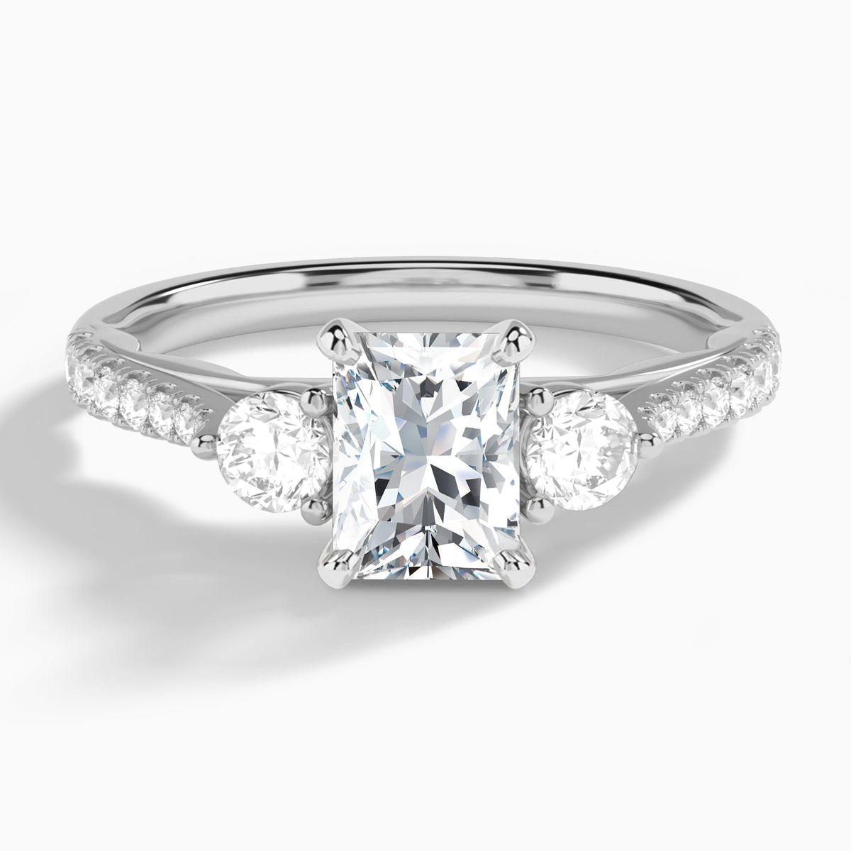 Radiant Tressa Three Stone Lab Diamond Engagement Ring In 18K White Gold - Lucenjuri