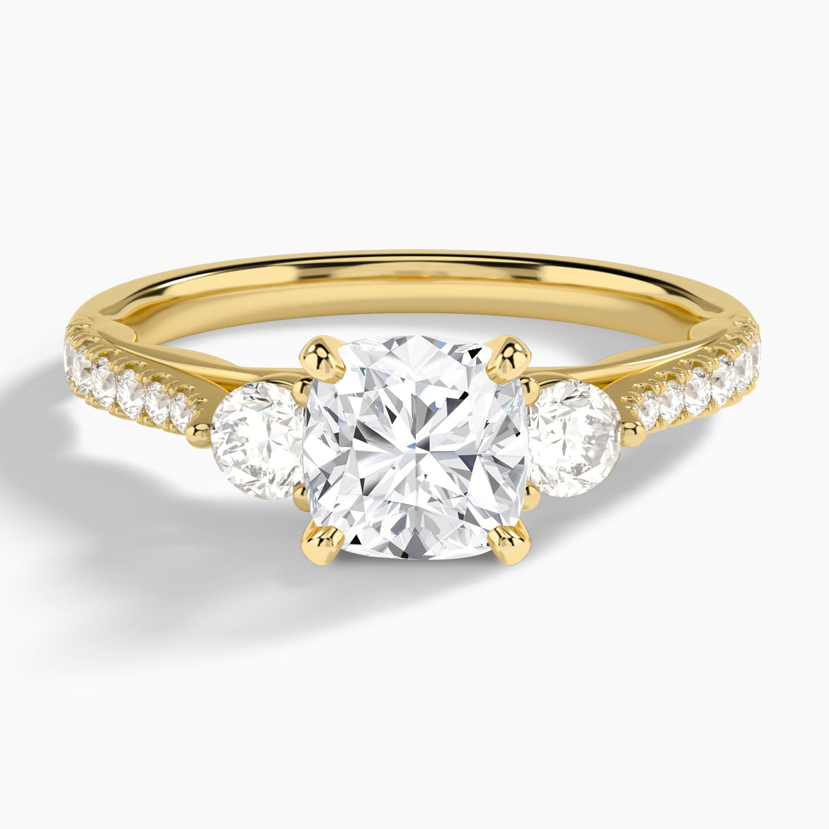 Cushion Tressa Three Stone Lab Diamond Engagement Ring In 14K Yellow Gold - Lucenjuri