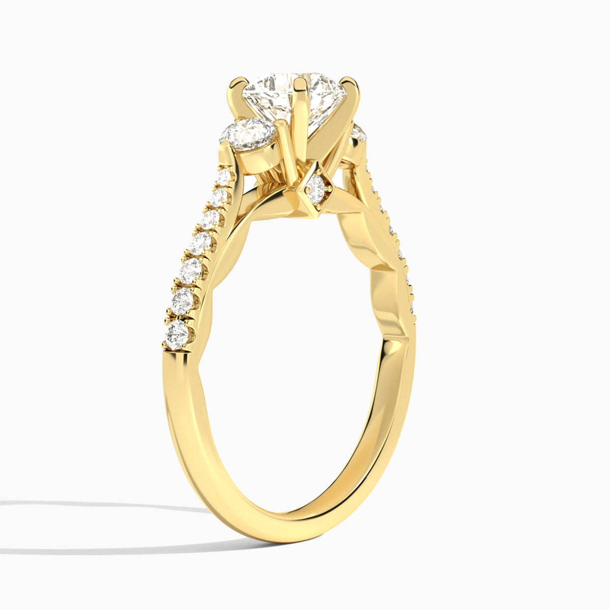 Cushion Tressa Three Stone Lab Diamond Engagement Ring In 18K Yellow Gold, Angle View