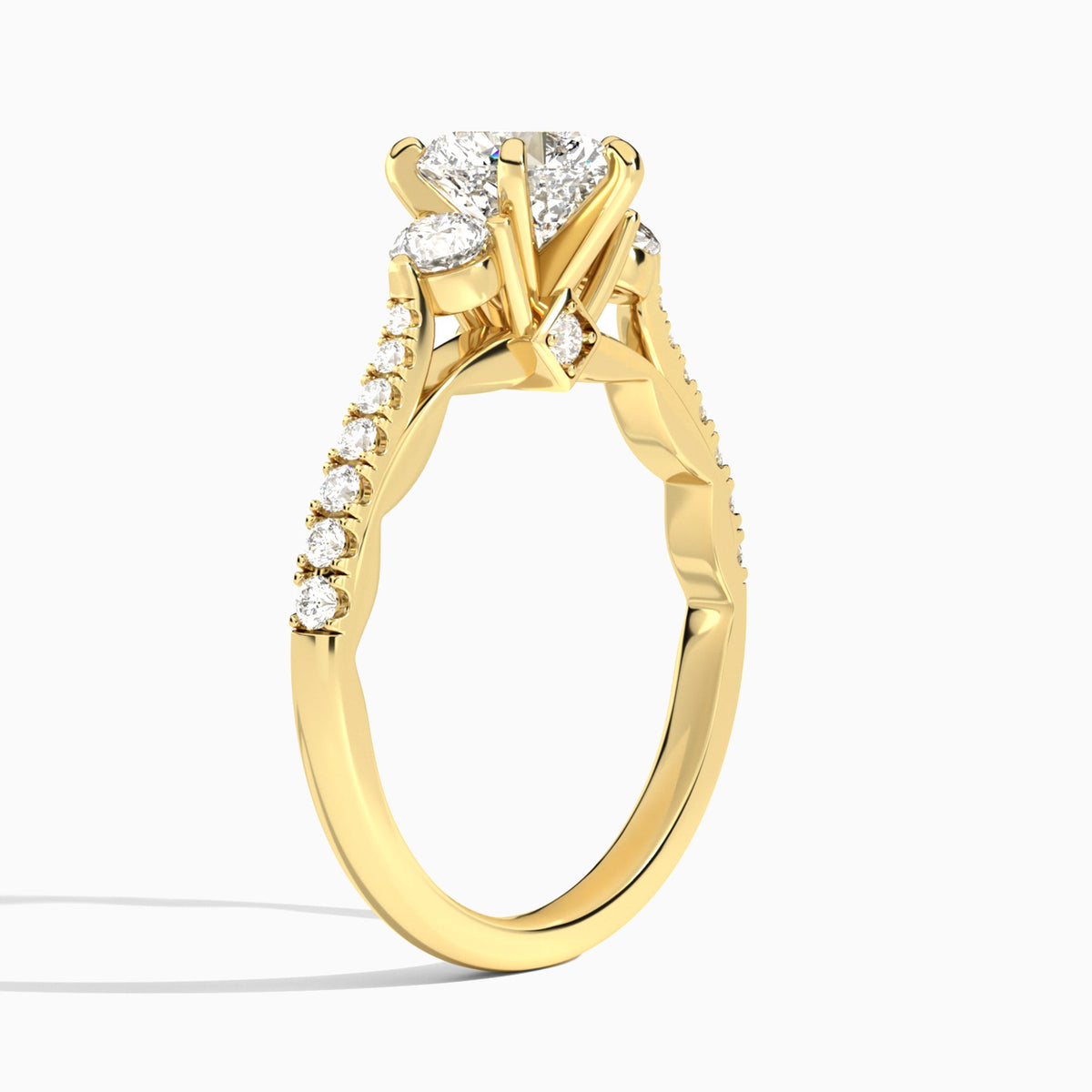 Heart Tressa Three Stone Lab Diamond Engagement Ring In 14K Yellow Gold, Angle View