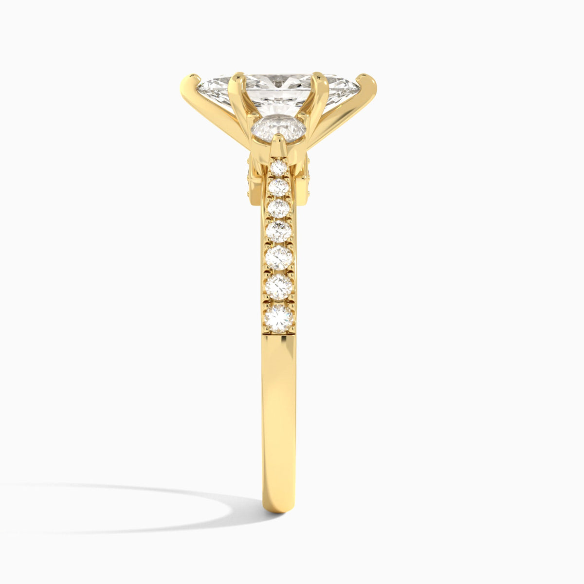 Marquise Tressa Three Stone Lab Diamond Engagement Ring In 14K Yellow Gold, Side View