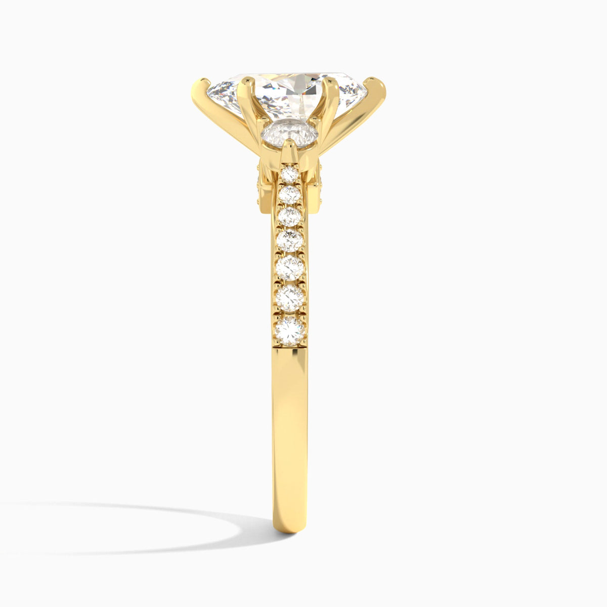 Pear Tressa Three Stone Lab Diamond Engagement Ring In 18K Yellow Gold, Side View