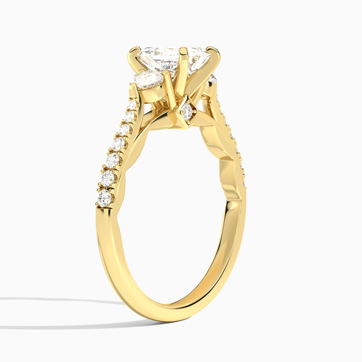 Princess Tressa Three Stone Lab Diamond Engagement Ring In 18K Yellow Gold, Angle View
