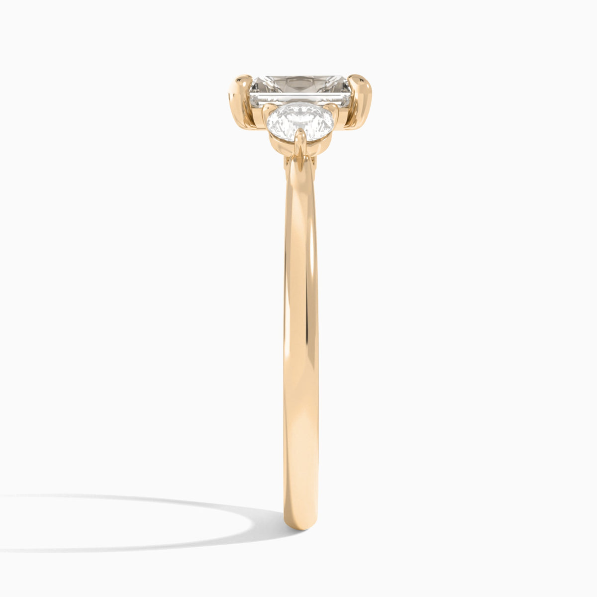 Radiant Fiona Three Stone Lab Diamond Engagement Ring In 14K Rose Gold, Side View
