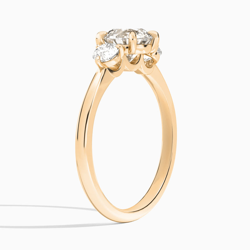 Round Fiona Three Stone Lab Diamond Engagement Ring In 14K Rose Gold, Angle View