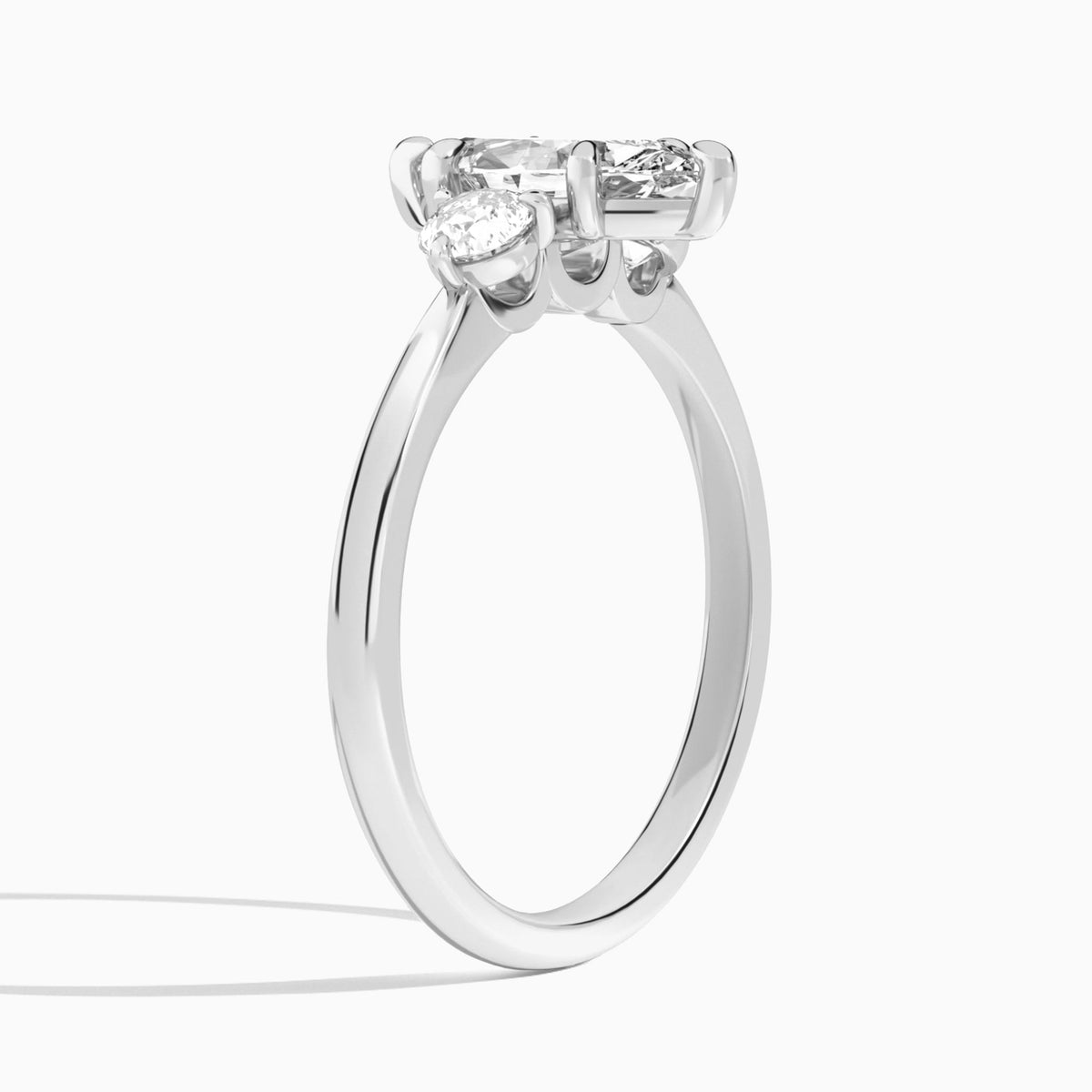 Marquise Fiona Three Stone Lab Diamond Engagement Ring In 18K White Gold, Angle View
