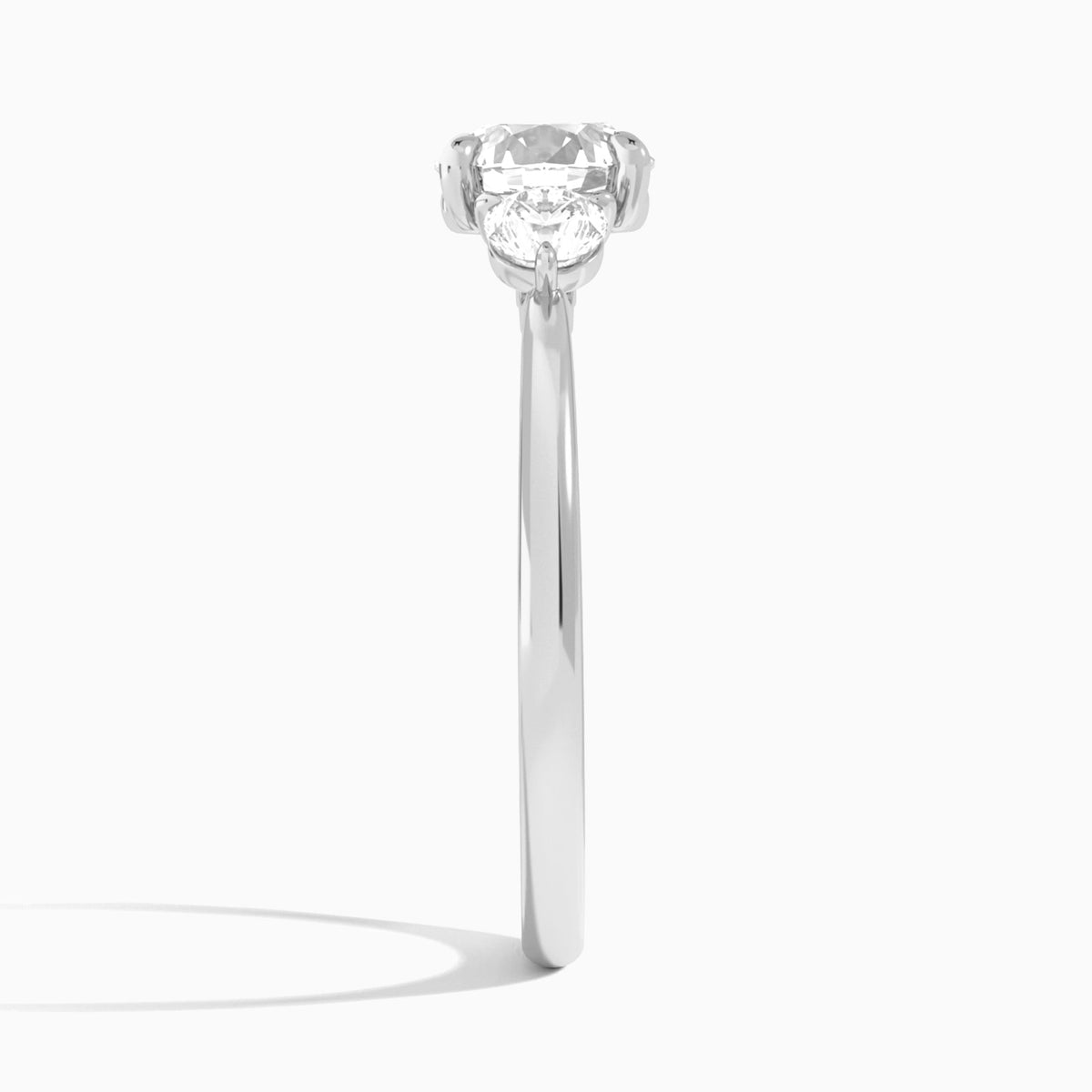 Round Fiona Three Stone Lab Diamond Engagement Ring In 18K White Gold, Side View