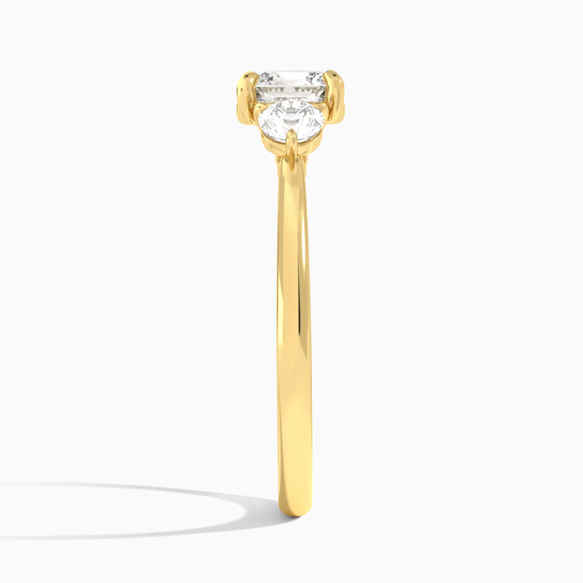 Cushion Fiona Three Stone Lab Diamond Engagement Ring In 18K Yellow Gold, Side View