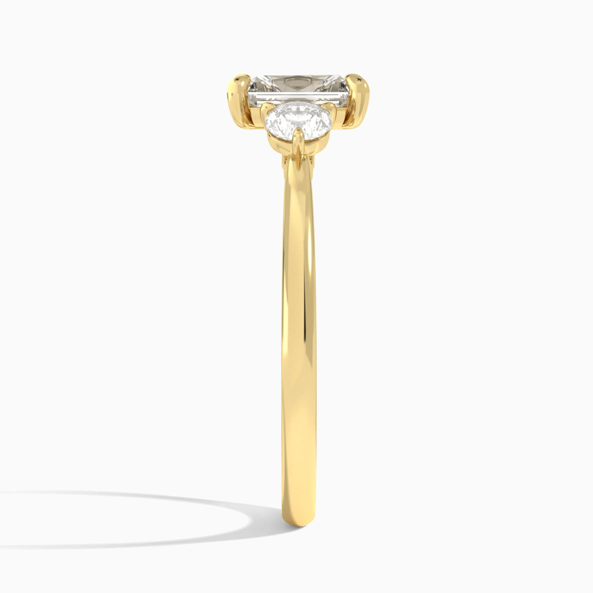 Radiant Fiona Three Stone Lab Diamond Engagement Ring In 18K Yellow Gold, Side View