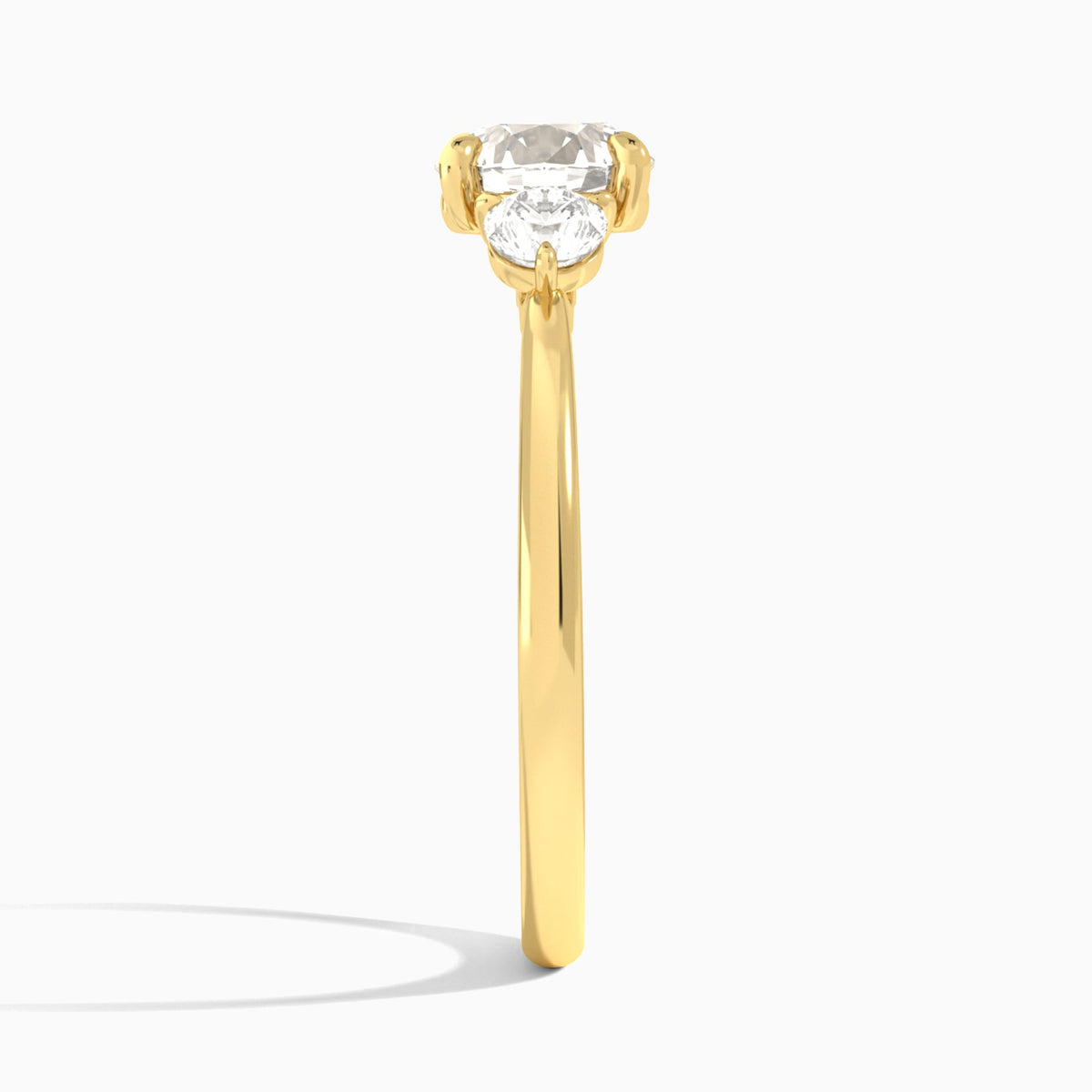 Round Fiona Three Stone Lab Diamond Engagement Ring In 18K Yellow Gold, Side View