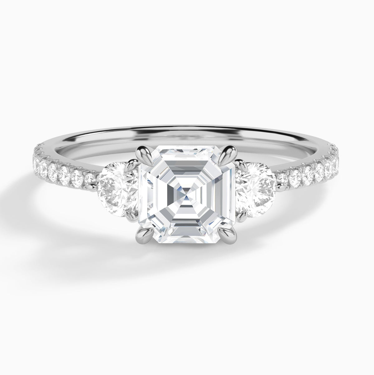 Asscher Luxe Three Stone Pavé Lab Diamond Engagement Ring In Platinum - Lucenjuri