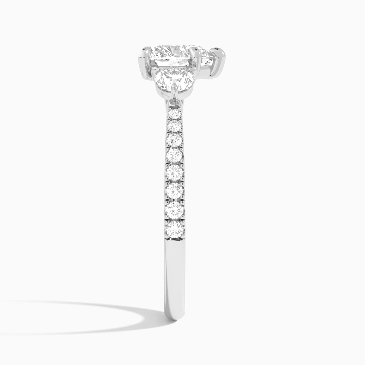 Heart Luxe Three Stone Pavé Lab Diamond Engagement Ring In Platinum, Side View