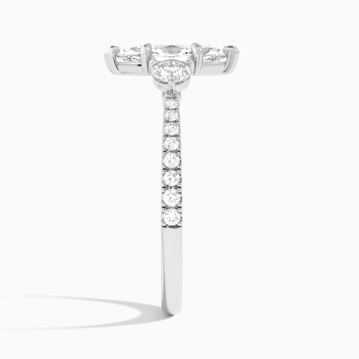 Marquise Luxe Three Stone Pavé Lab Diamond Engagement Ring In Platinum, Side View