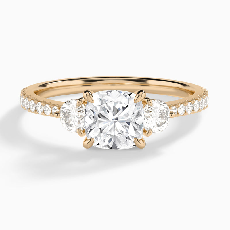 Cushion Luxe Three Stone Pavé Lab Diamond Engagement Ring In 14K Rose Gold - Lucenjuri