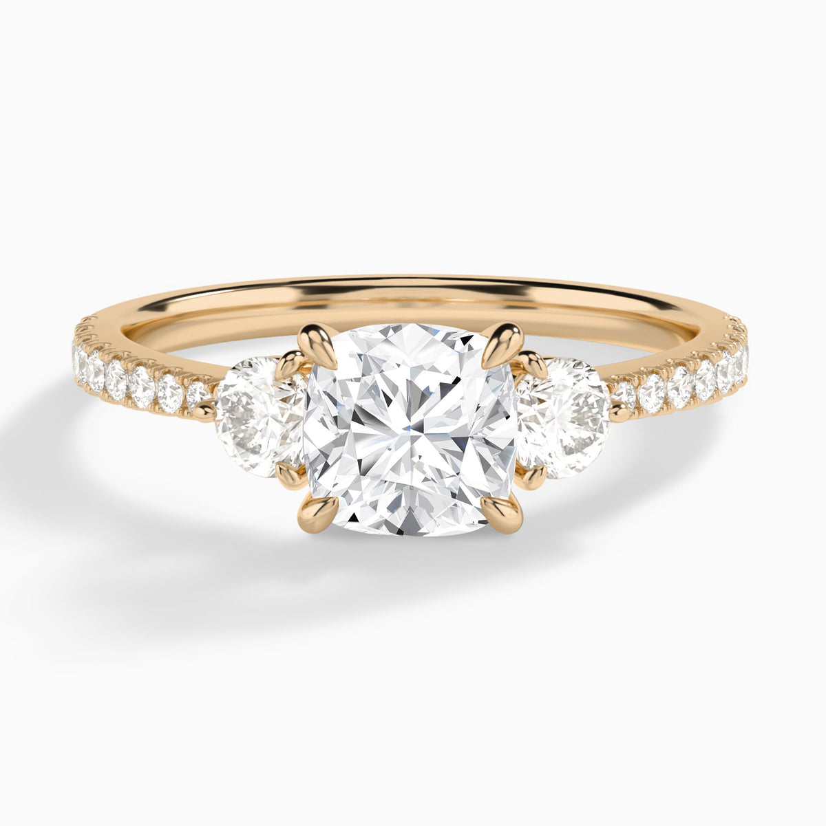 Cushion Luxe Three Stone Pavé Lab Diamond Engagement Ring In 14K Rose Gold - Lucenjuri