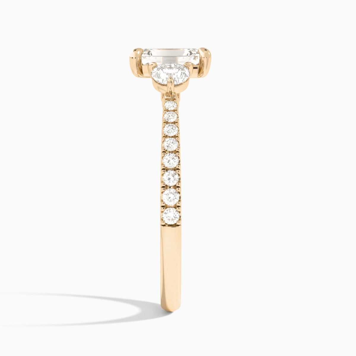 Emerald Luxe Three Stone Pavé Lab Diamond Engagement Ring In 14K Rose Gold, Side View