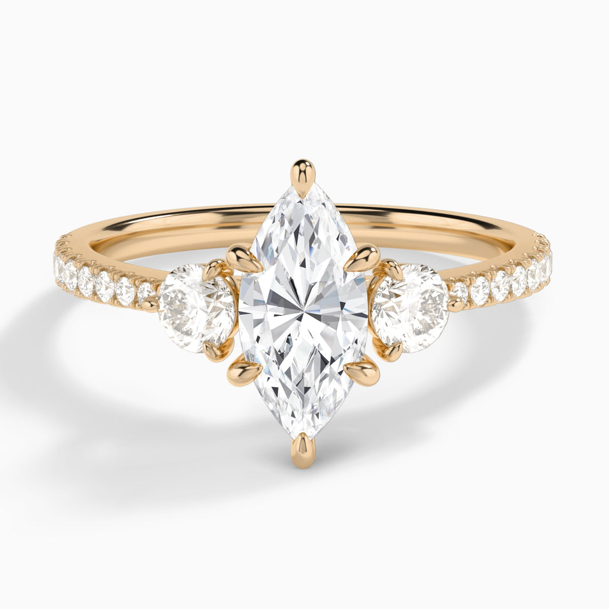 Marquise Luxe Three Stone Pavé Lab Diamond Engagement Ring In 14K Rose Gold - Lucenjuri