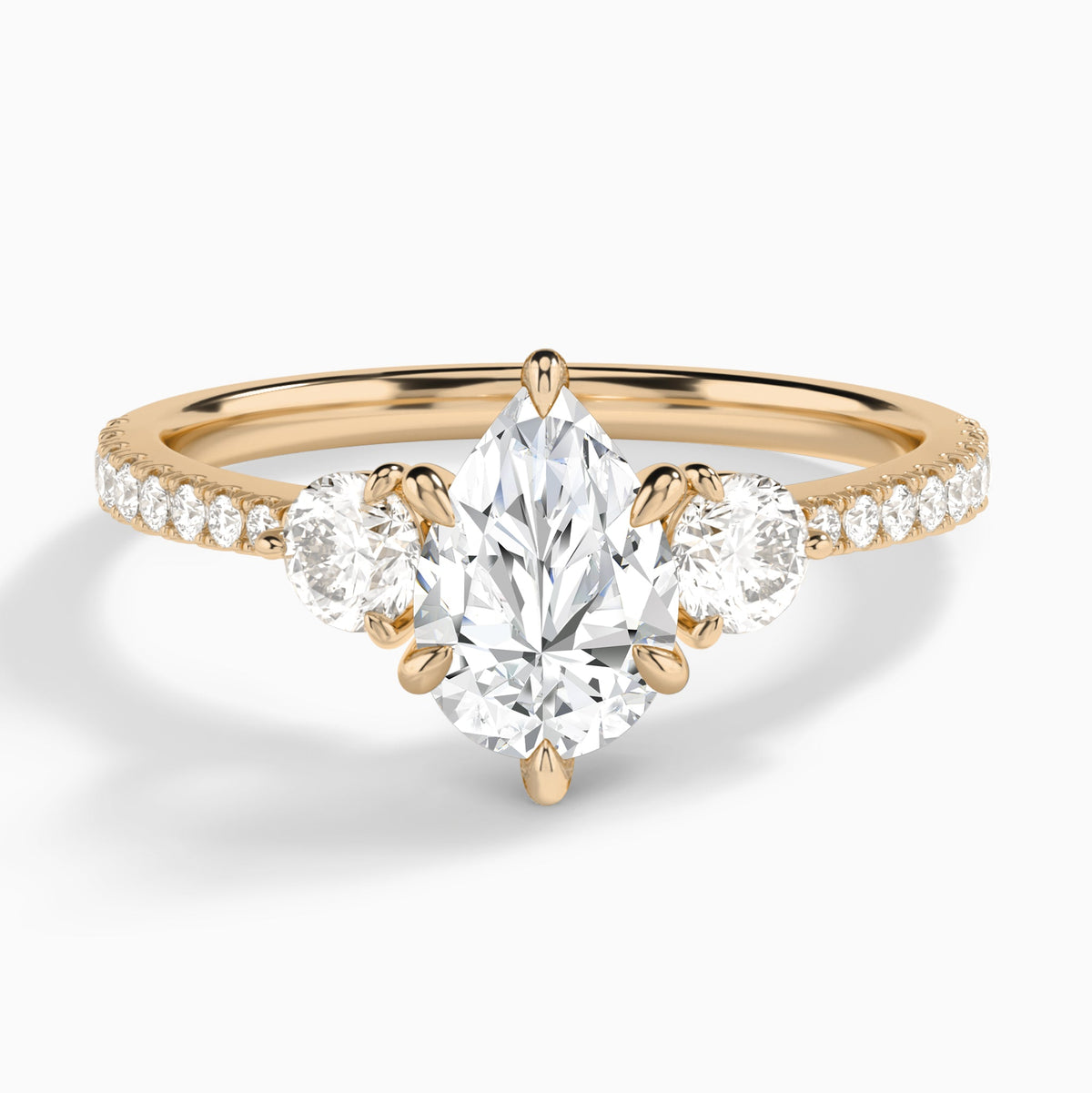 Pear Luxe Three Stone Pavé Lab Diamond Engagement Ring In 14K Rose Gold - Lucenjuri