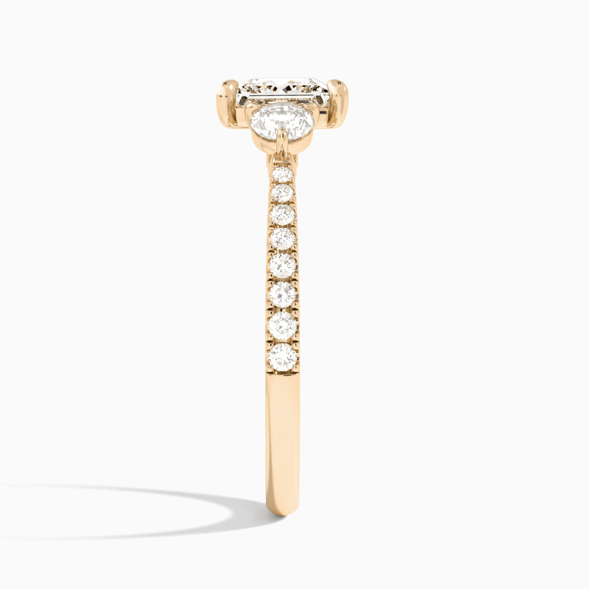 Princess Luxe Three Stone Pavé Lab Diamond Engagement Ring In 14K Rose Gold, Side View