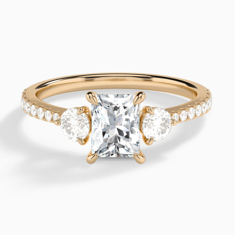 Radiant Luxe Three Stone Pavé Lab Diamond Engagement Ring In 14K Rose Gold - Lucenjuri