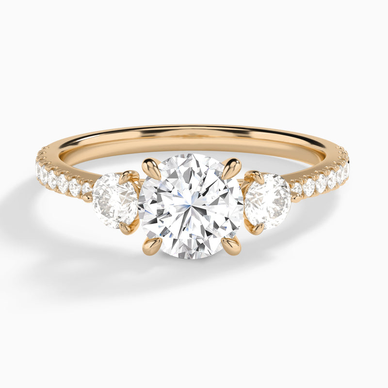 Round Luxe Three Stone Pavé Lab Diamond Engagement Ring In 14K Rose Gold - Lucenjuri