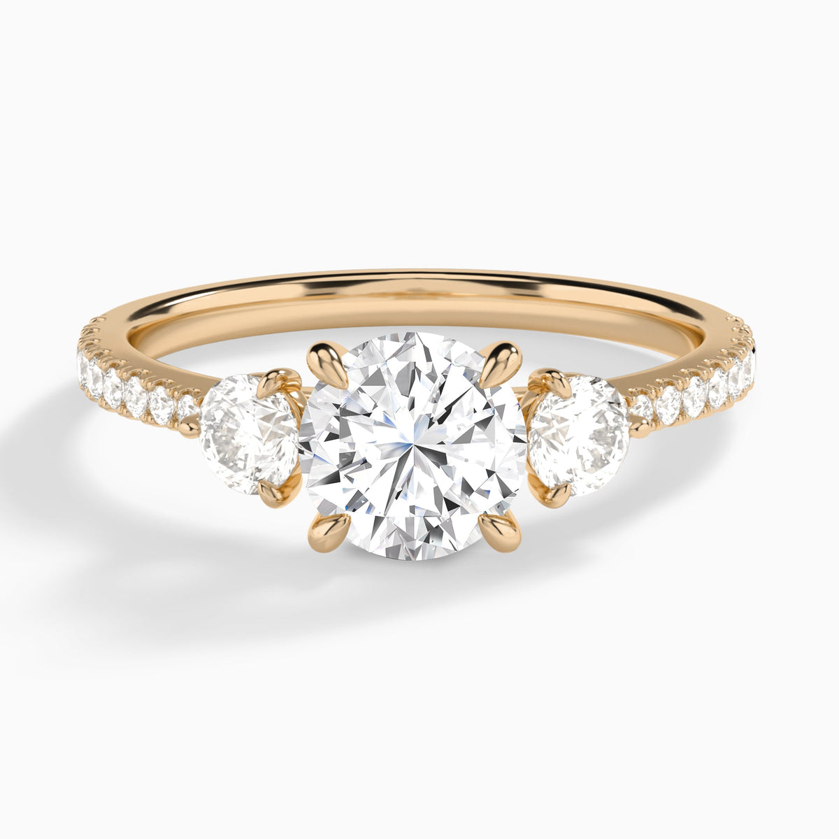 Round Luxe Three Stone Pavé Lab Diamond Engagement Ring In 14K Rose Gold - Lucenjuri