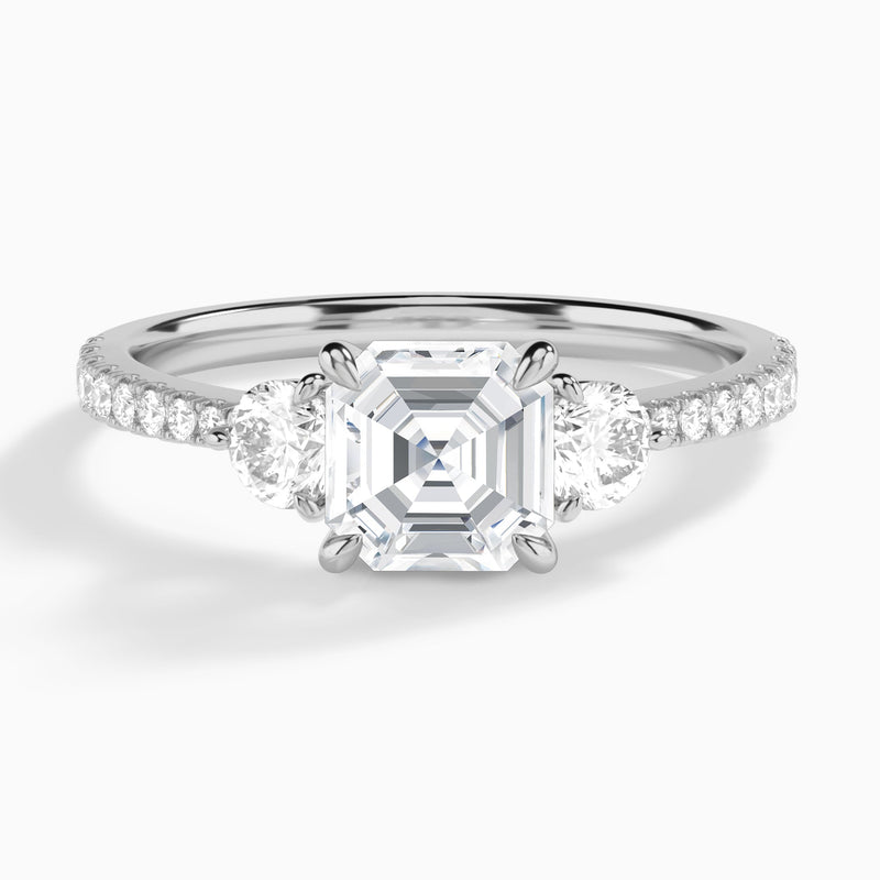 Asscher Luxe Three Stone Pavé Lab Diamond Engagement Ring In 18K White Gold - Lucenjuri