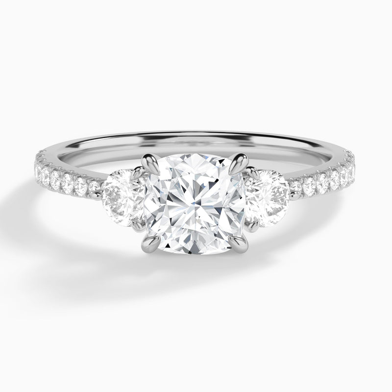 Cushion Luxe Three Stone Pavé Lab Diamond Engagement Ring In 18K White Gold - Lucenjuri