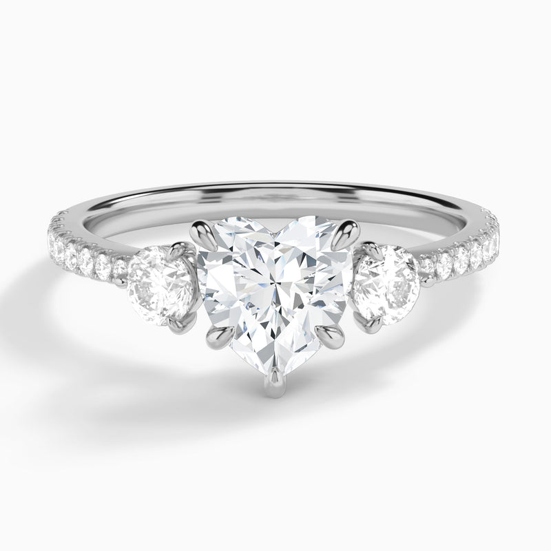 Heart Luxe Three Stone Pavé Lab Diamond Engagement Ring In 14K White Gold - Lucenjuri