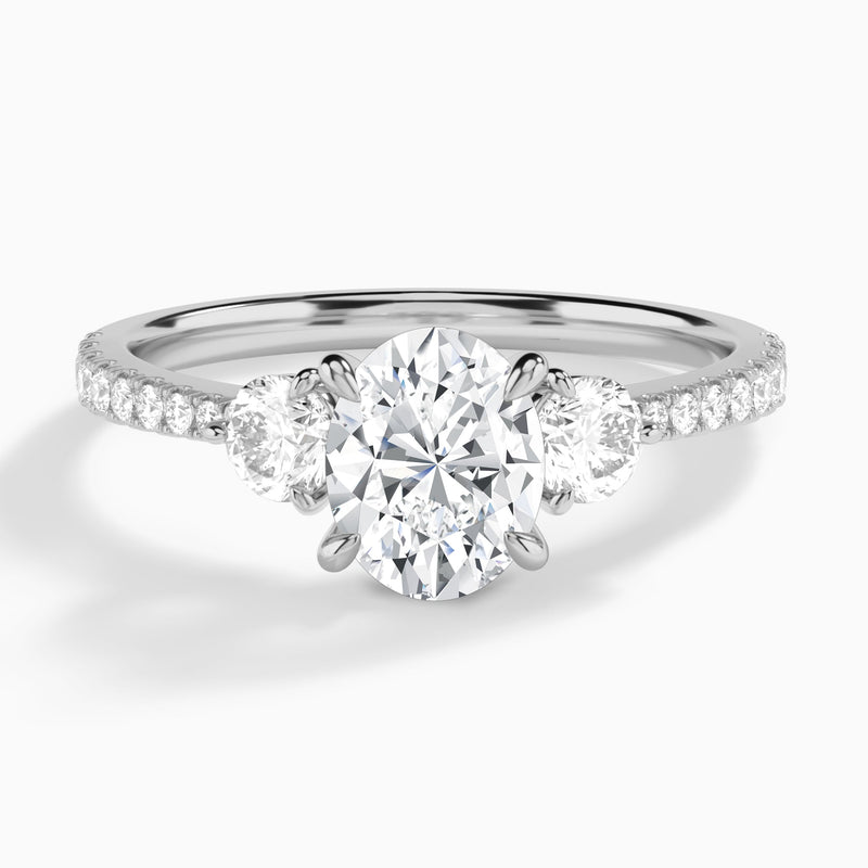 Oval Luxe Three Stone Pavé Lab Diamond Engagement Ring In 18K White Gold - Lucenjuri