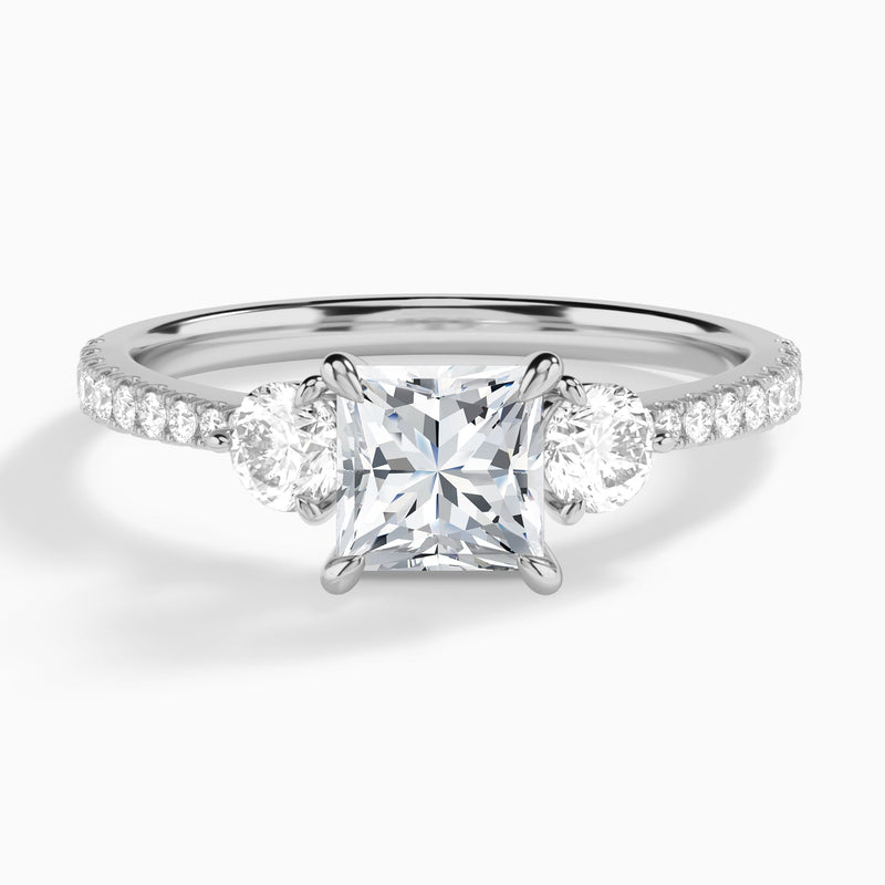 Princess Luxe Three Stone Pavé Lab Diamond Engagement Ring In 14K White Gold - Lucenjuri
