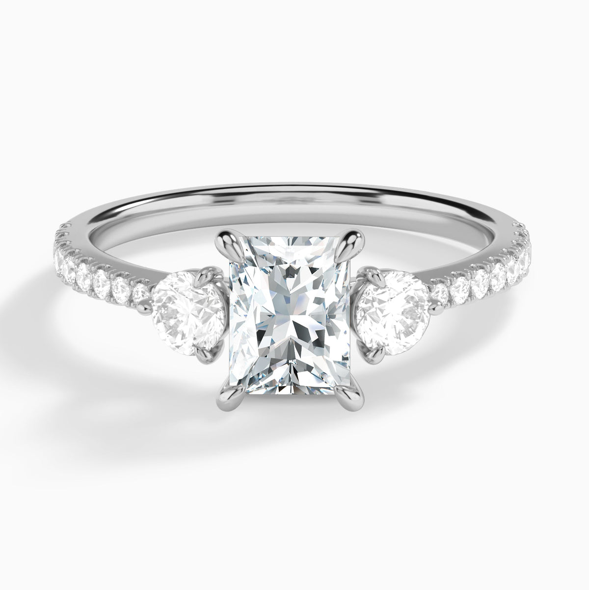 Radiant Luxe Three Stone Pavé Lab Diamond Engagement Ring In 18K White Gold - Lucenjuri