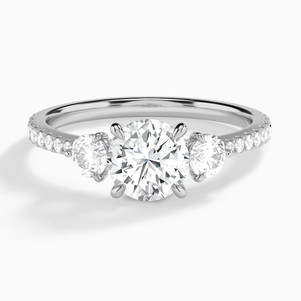 Round Luxe Three Stone Pavé Lab Diamond Engagement Ring In 18K White Gold - Lucenjuri