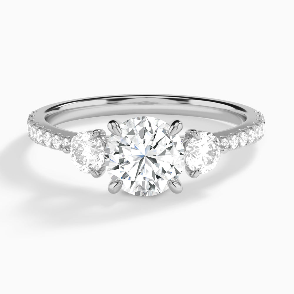 Round Luxe Three Stone Pavé Lab Diamond Engagement Ring In 14K White Gold - Lucenjuri
