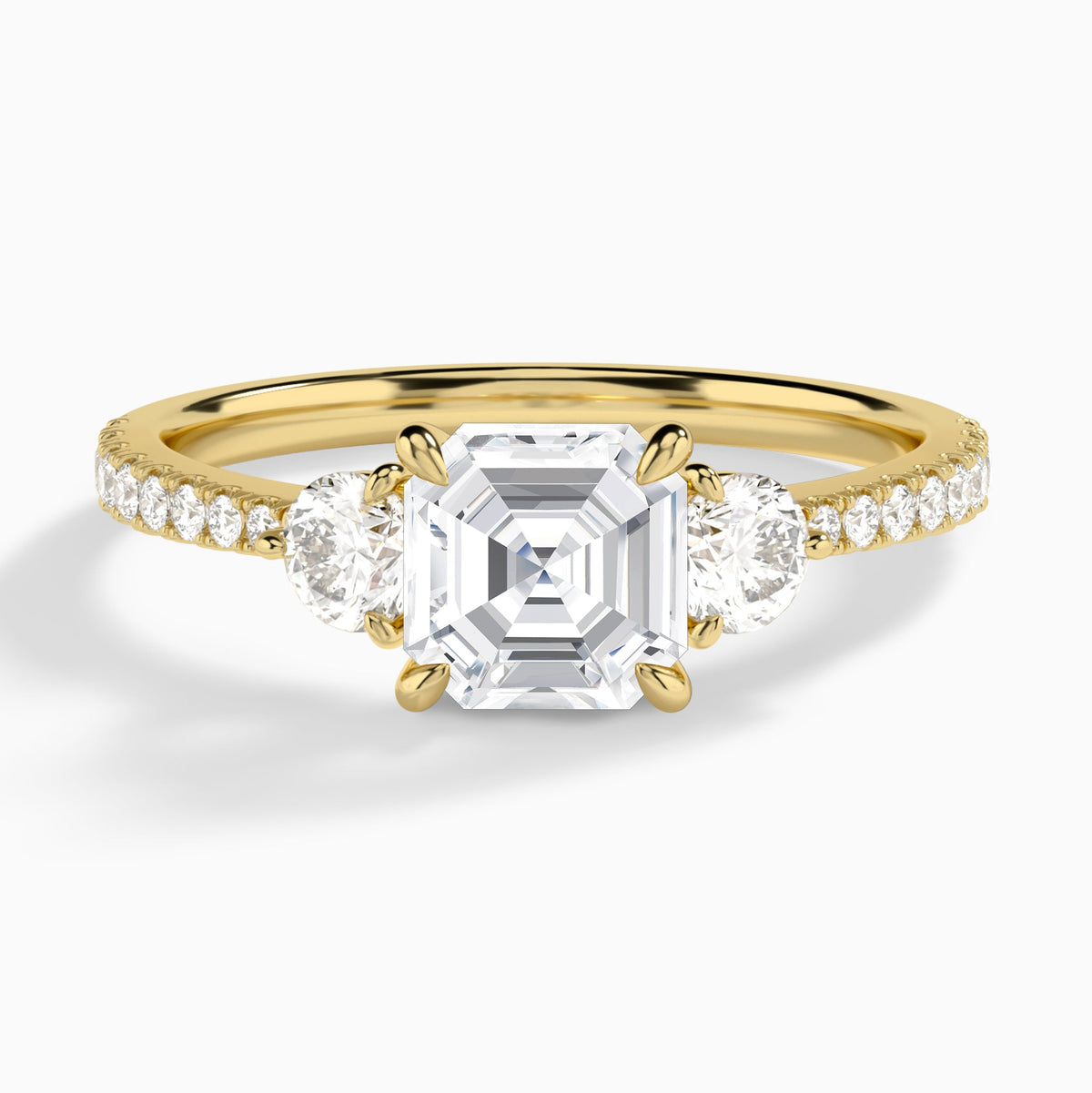 Asscher Luxe Three Stone Pavé Lab Diamond Engagement Ring In 14K Yellow Gold - Lucenjuri