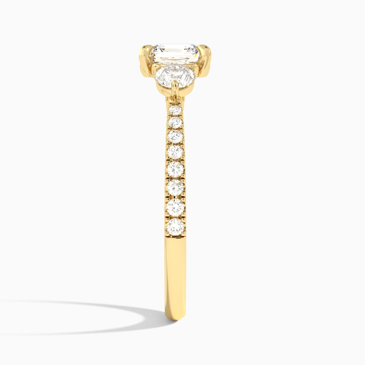 Asscher Luxe Three Stone Pavé Lab Diamond Engagement Ring In 14K Yellow Gold, Side View