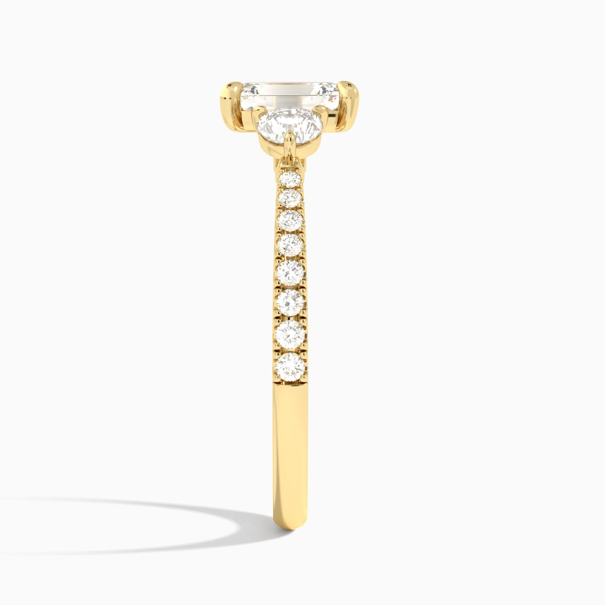 Emerald Luxe Three Stone Pavé Lab Diamond Engagement Ring In 18K Yellow Gold, Side View