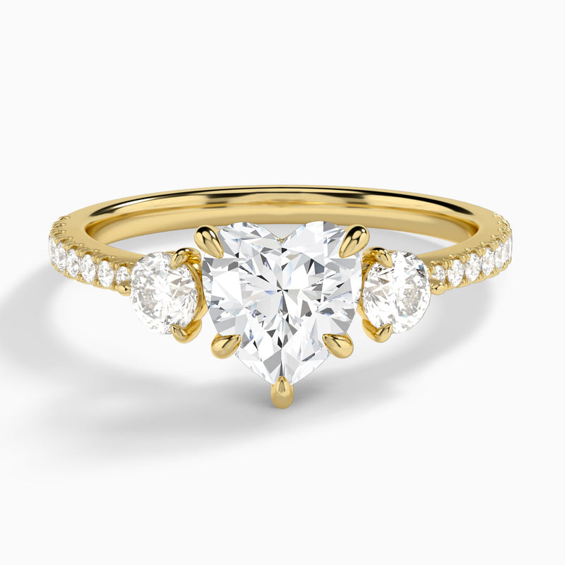 Heart Luxe Three Stone Pavé Lab Diamond Engagement Ring In 14K Yellow Gold - Lucenjuri