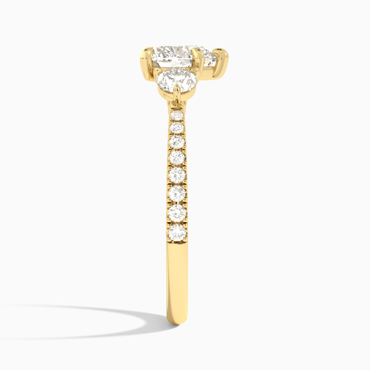 Heart Luxe Three Stone Pavé Lab Diamond Engagement Ring In 14K Yellow Gold, Side View