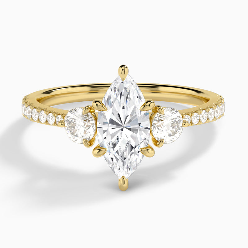 Marquise Luxe Three Stone Pavé Lab Diamond Engagement Ring In 14K Yellow Gold - Lucenjuri