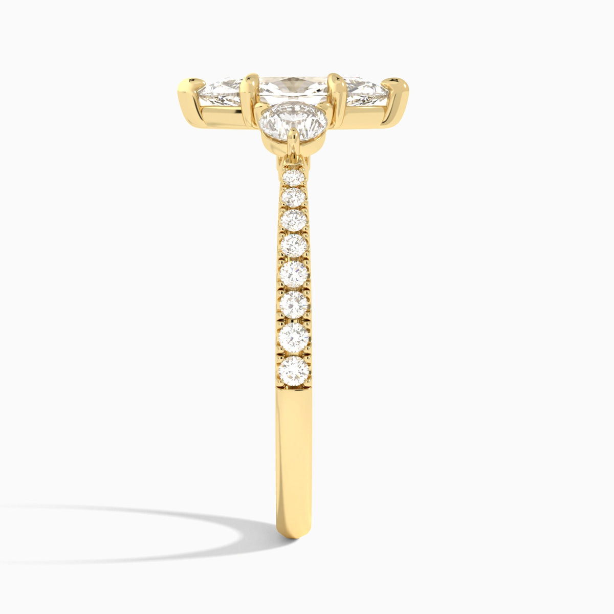 Marquise Luxe Three Stone Pavé Lab Diamond Engagement Ring In 18K Yellow Gold, Side View