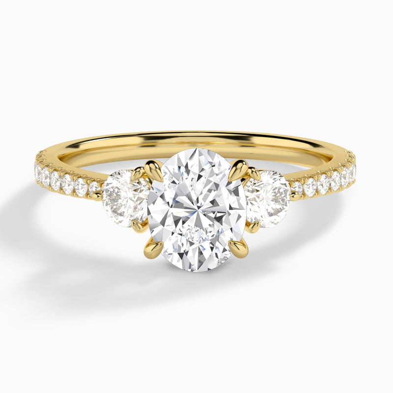 Oval Luxe Three Stone Pavé Lab Diamond Engagement Ring In 14K Yellow Gold - Lucenjuri