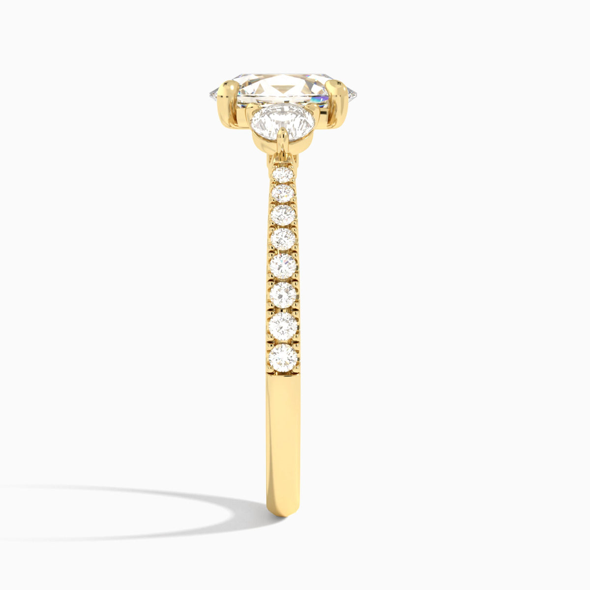 Oval Luxe Three Stone Pavé Lab Diamond Engagement Ring In 18K Yellow Gold, Side View