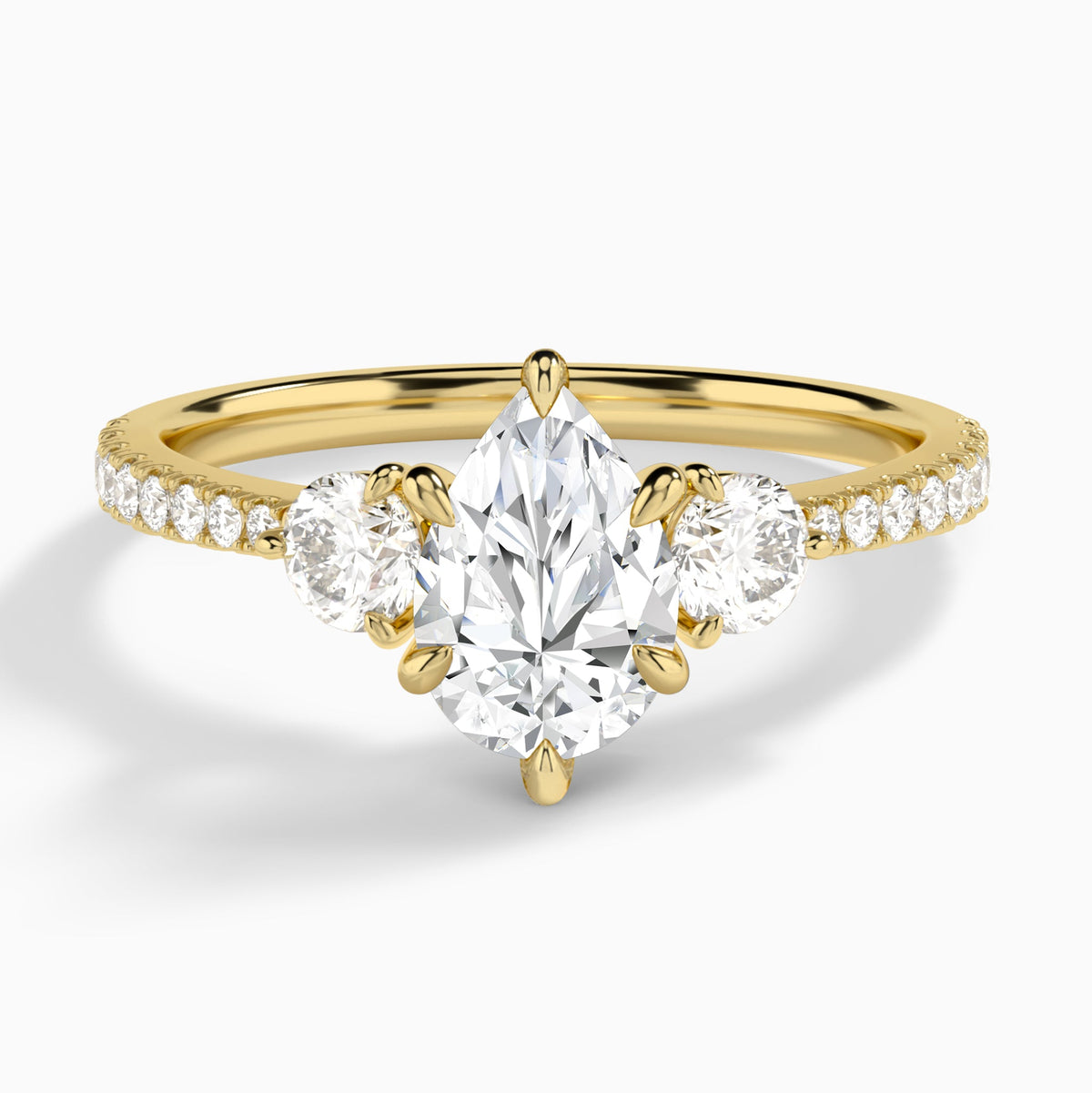 Pear Luxe Three Stone Pavé Lab Diamond Engagement Ring In 14K Yellow Gold - Lucenjuri