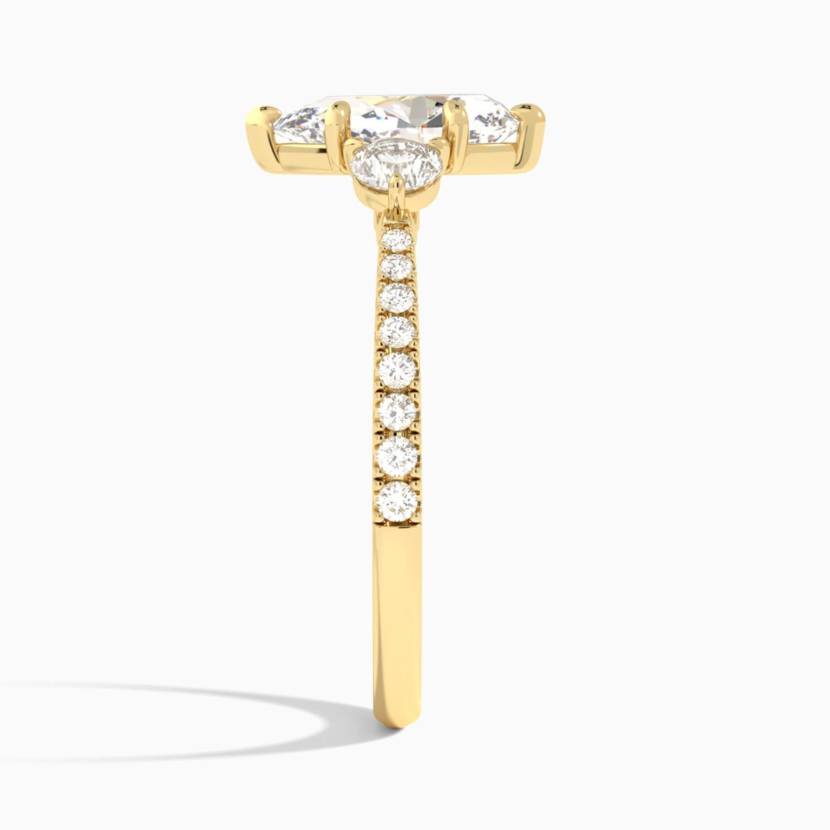 Pear Luxe Three Stone Pavé Lab Diamond Engagement Ring In 18K Yellow Gold, Side View
