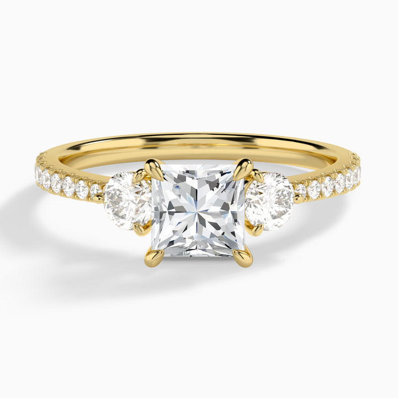 Princess Luxe Three Stone Pavé Lab Diamond Engagement Ring In 14K Yellow Gold - Lucenjuri