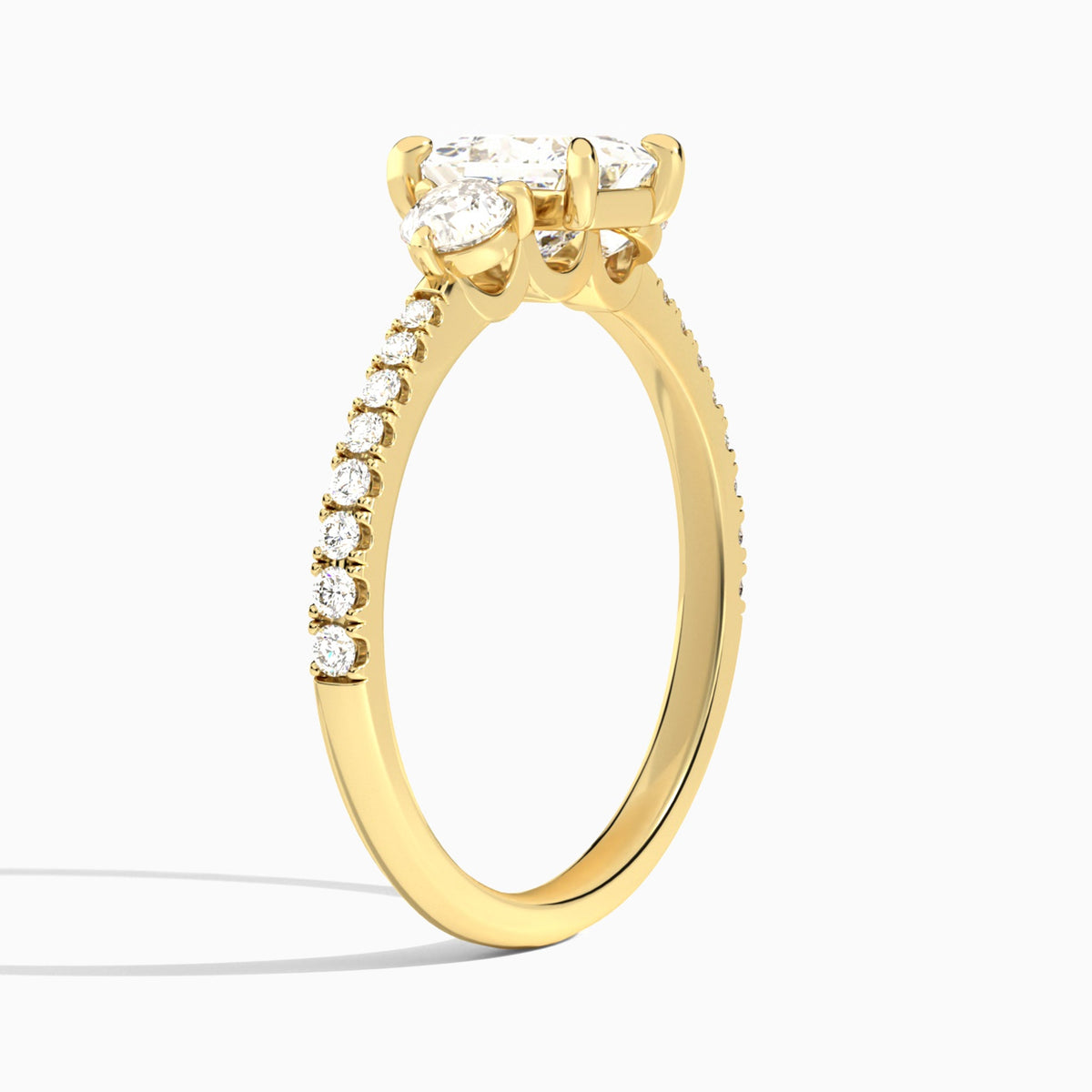 Princess Luxe Three Stone Pavé Lab Diamond Engagement Ring In 14K Yellow Gold, Angle View