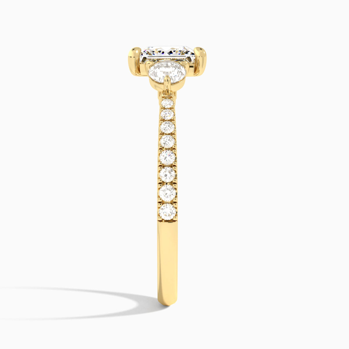 Princess Luxe Three Stone Pavé Lab Diamond Engagement Ring In 14K Yellow Gold, Side View